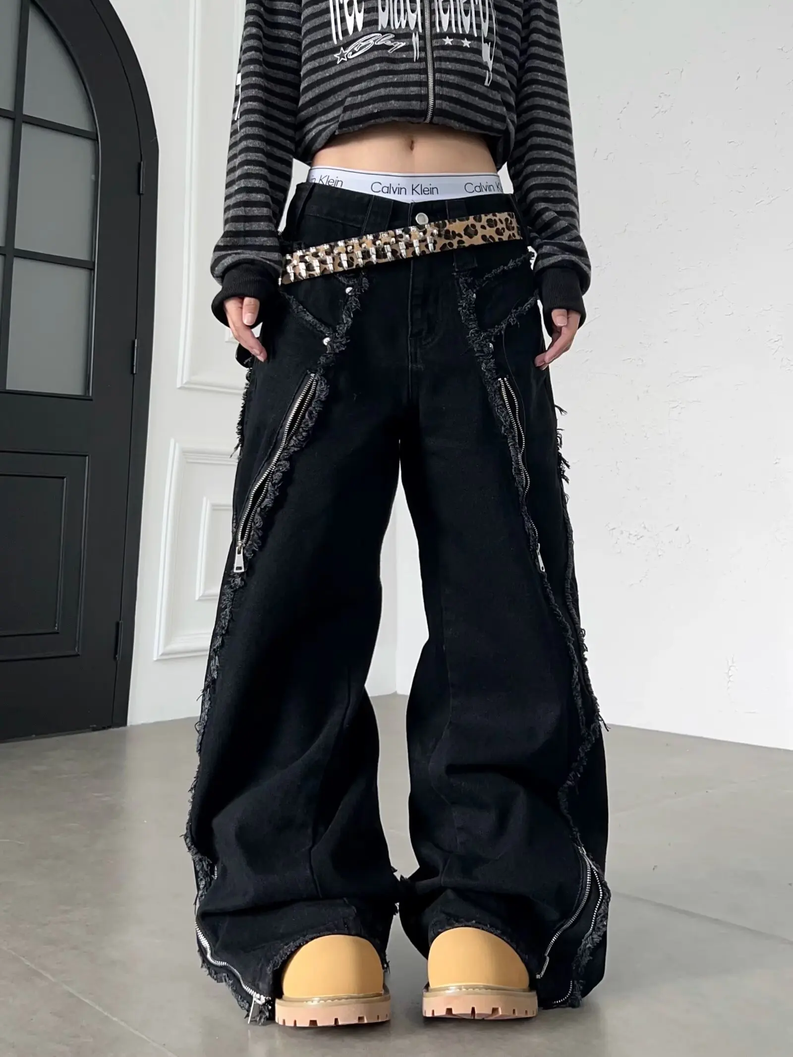Gothic Retro Baggy Unisex Mopping Pants Y2K Jeans High Street Patch Hip Hop Streetwear Straight Washed Black Baggy Jeans