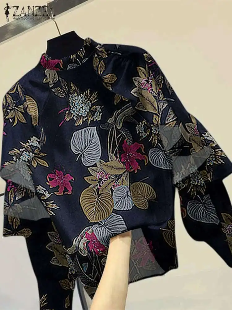 Women Retro Printed Shirts ZANZEA Elegant Stand Collar Tops Fashion 2024 Autumn Cotton Blusas Casual Loose Long Sleeve Blouse