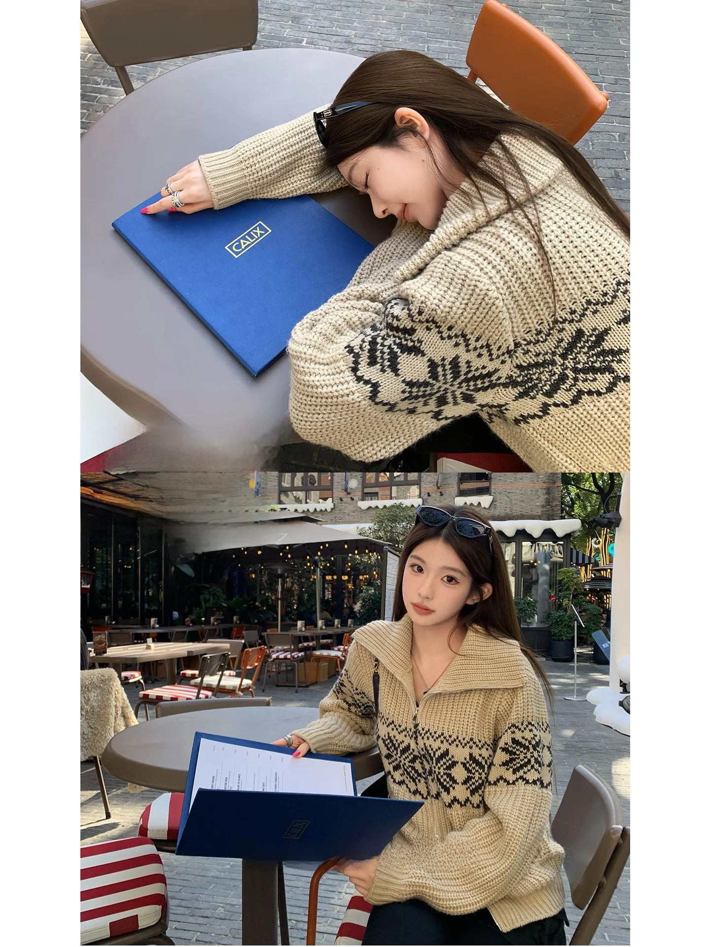 

23TH ALTER Phil Island Vintage Snowflake Pattern Zipper Knitwear Outerwear Women's Long Sve Regular Length Cardigan