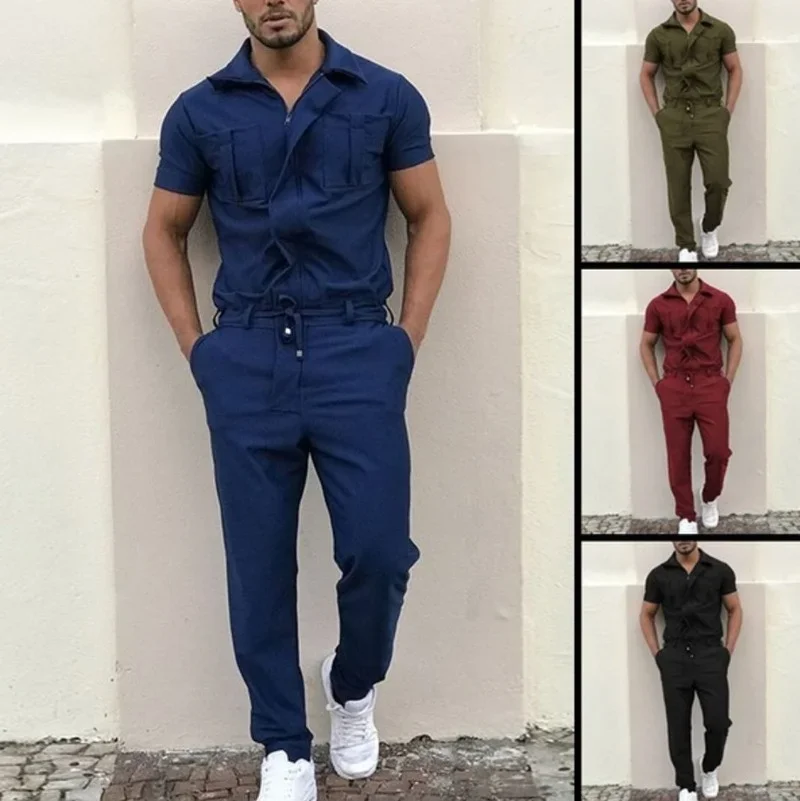 Men Outfit Set 2024 Men\'s Fashion Short Sleeve Pocket Zip Zip Jumpsuit Overalls Overalls Overalls Men Clothing