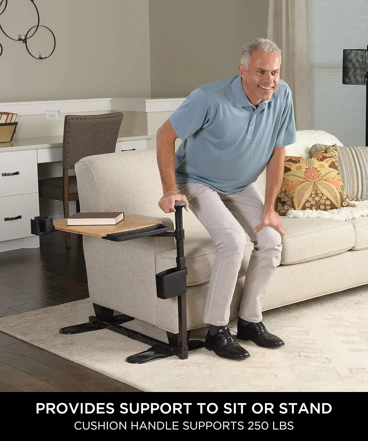 Bamboo Swivel TV Tray Table, Adjustable Laptop Table with Ergonomic Stand Assist Safety Handle, Portable Dining Tray, Mobility Aid for Independent Living