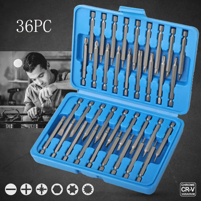 36/50pcs Magnetic Screwdriver Bit set - Extra Long 75mm Safety Bits for h1/4 Screwdrivers - Torx, Star, Hex & Spline Bits