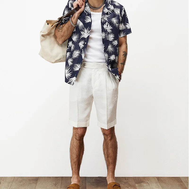 Summer Men's Naples Shorts Paris Buckle Retro Gentleman Linen Thin Cool Five-Point Pants Middle-Aged Workwear