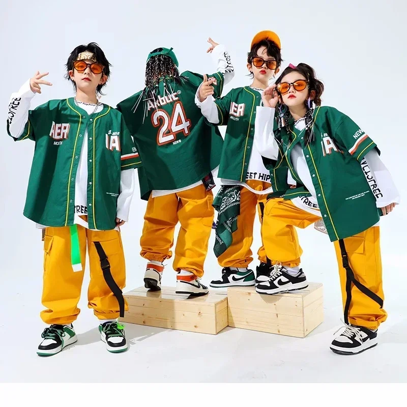 

Hip Hop Boys Green Baseball Jacket Solid Cargo Pants Girls Cool Streetwear Group Jazz Stage Clothes Sets Street Dance Costumes