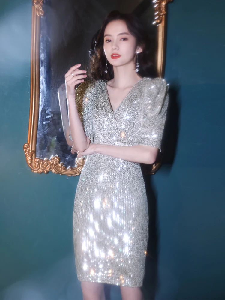 

Ele Silver Evening Gown Women's Faionable Host Beautiful ort Dr Sexy mid Waist Zipper Sle Glittering Sequins