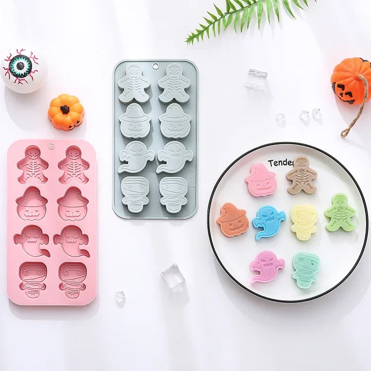 

8-hole Skull Pumpkin Ghost Mummy Shape Silicone Mold Fondant Cake Chocolate Mold Ice Cube Cake Mould Cake Decorating Tools