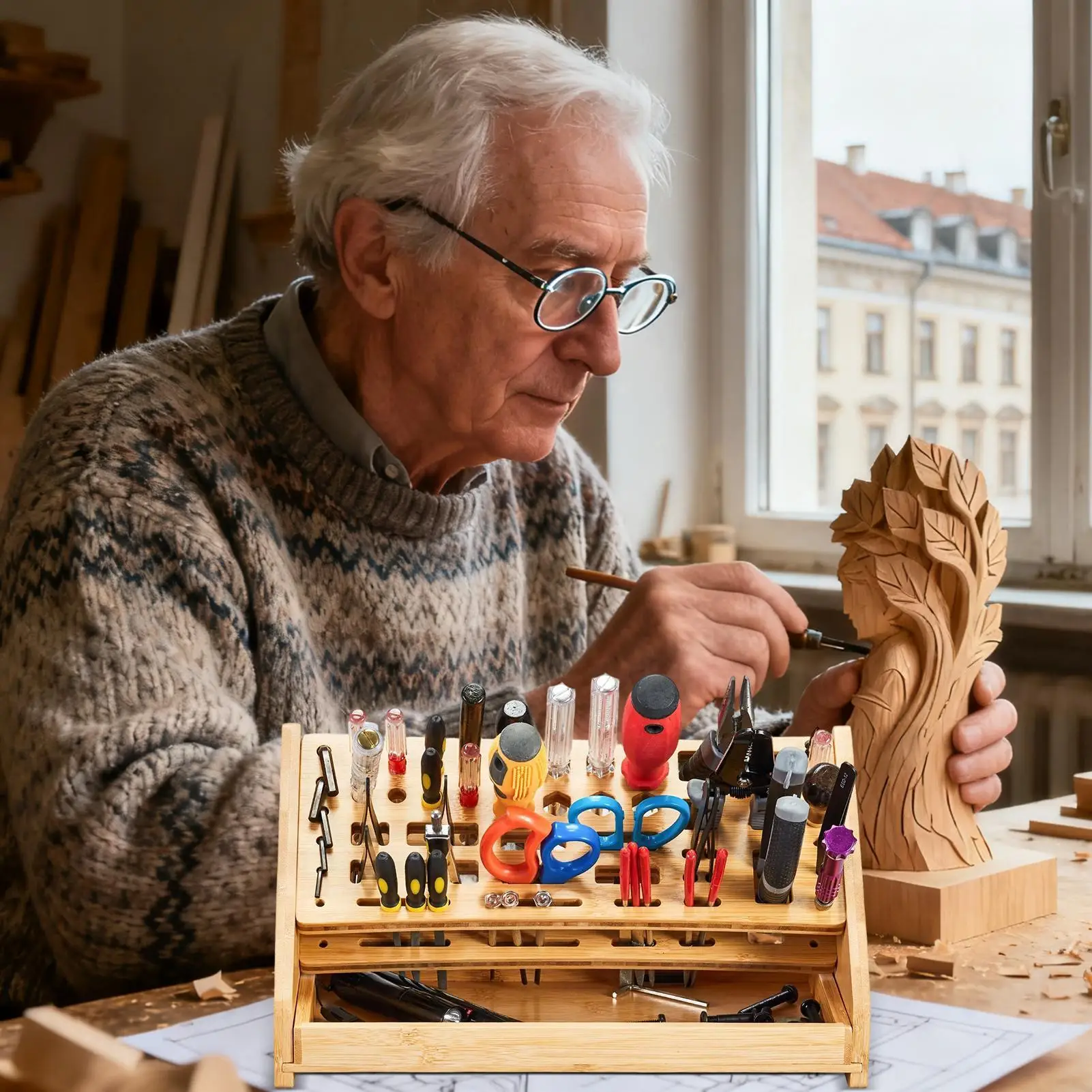 

Screw Driver Holders Organizers Wooden 53-Hole Storage Stand Storage Rack With Tray Hand Tool Organizer For Hobby Repair Desktop