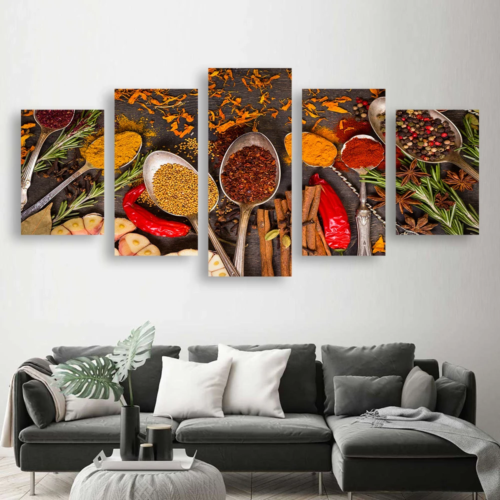 5 Piece Spices Spoon Seasoning Canvas Painting Wall Pictures Grains Vegetable Posters and Prints for Living Room Decoration