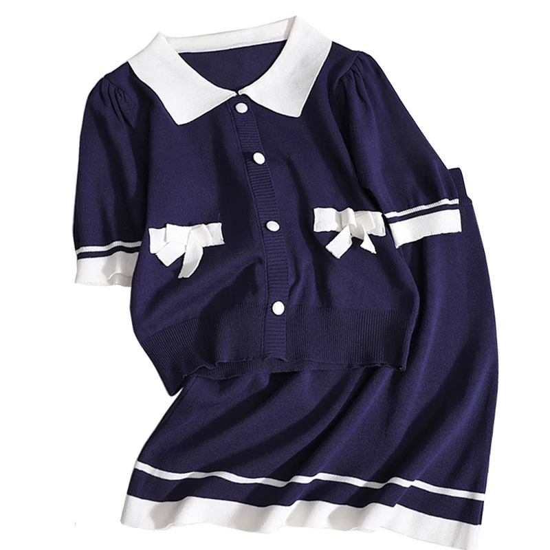 

Fashion Suit Women Hit Color Bow Short-Sleeved Sweater Top Spring High Waist Elastic Skirt Short Skirt Two-Piece Set