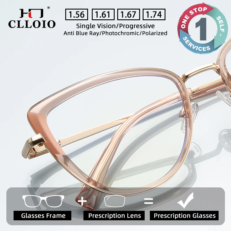 

CLLOIO New TR90 Metal Anti Blue Light Prescription Customizable Glasses Trendy Women's Cat Eye Frame Reading Myopia Eyeglasses