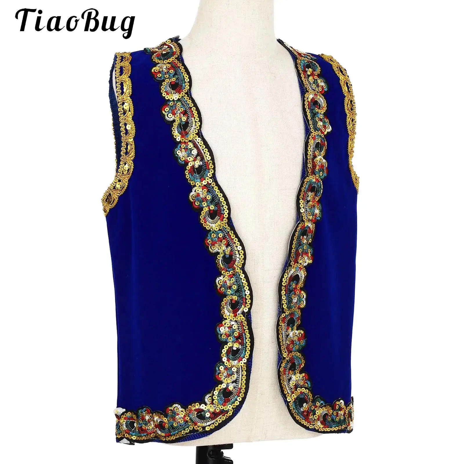 

Kids Boy Halloween Arab Prince Vest Sequins Woven Tape Decorative Trim Open Front Waistcoat Carnival Theme Party Arabian Costume