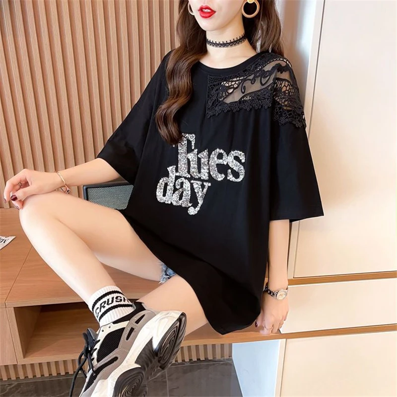 2023 Women Korean Fashion Sexy Lace Patchwork Sequin Oversize T Shirt Summer Black White Short Sleeve Streetwear Tunic Tops Ropa