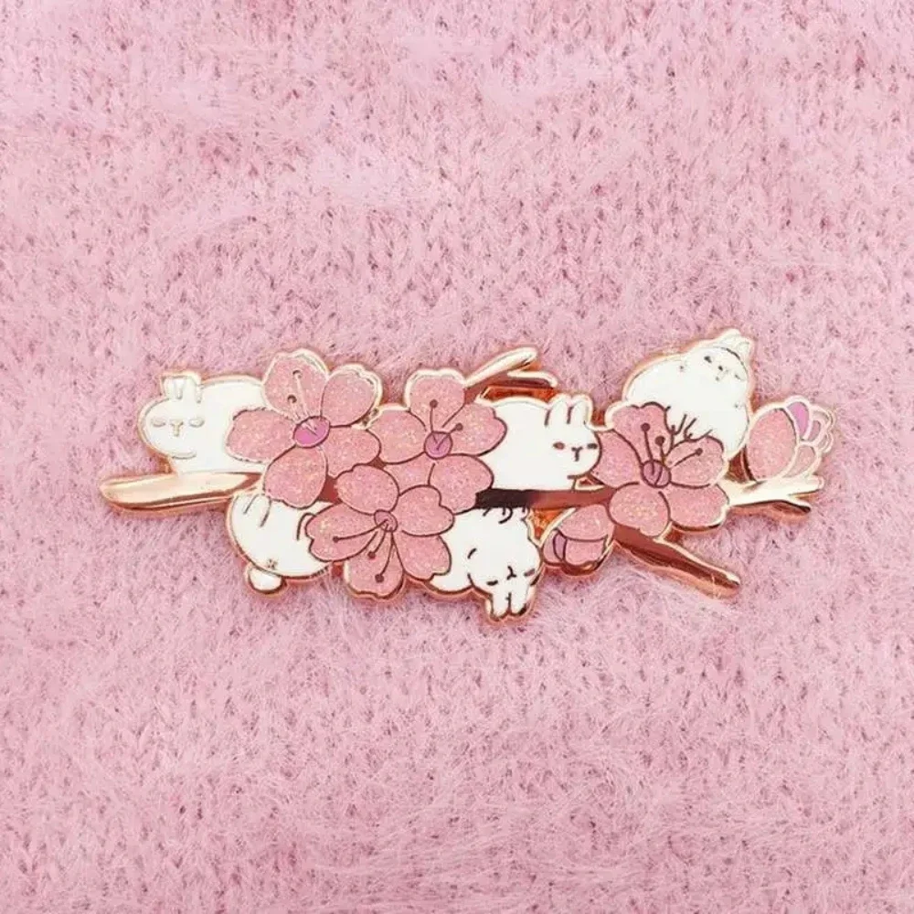 Beautiful Pink Flower with Rabbits Hard Enamel Pin Kawaii Metal Badge Brooch for Jewelry Accessory Gifts for Women Girls