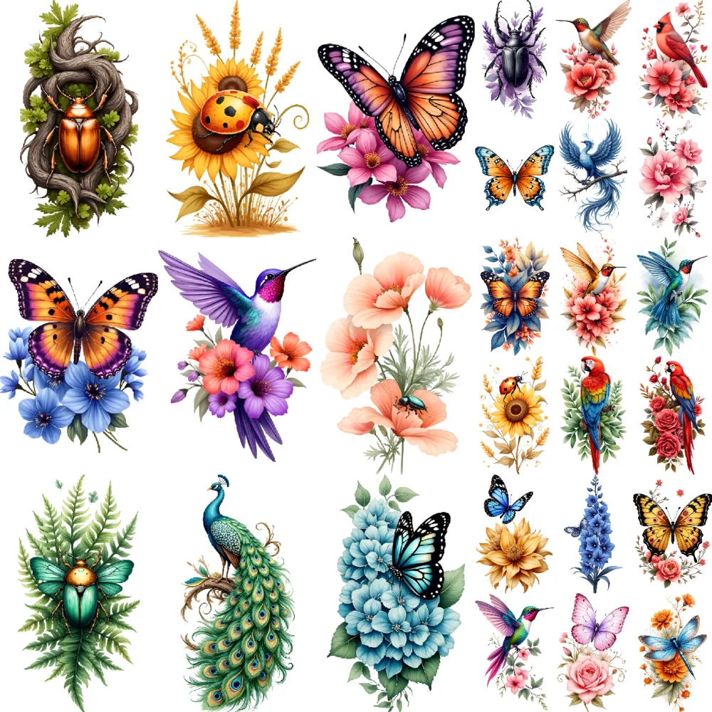 

28pcs Temporary Tattoo Colorful Floral With Green Leaves Blue Butterfly With Ferns Red Bird With Floral For Arms
