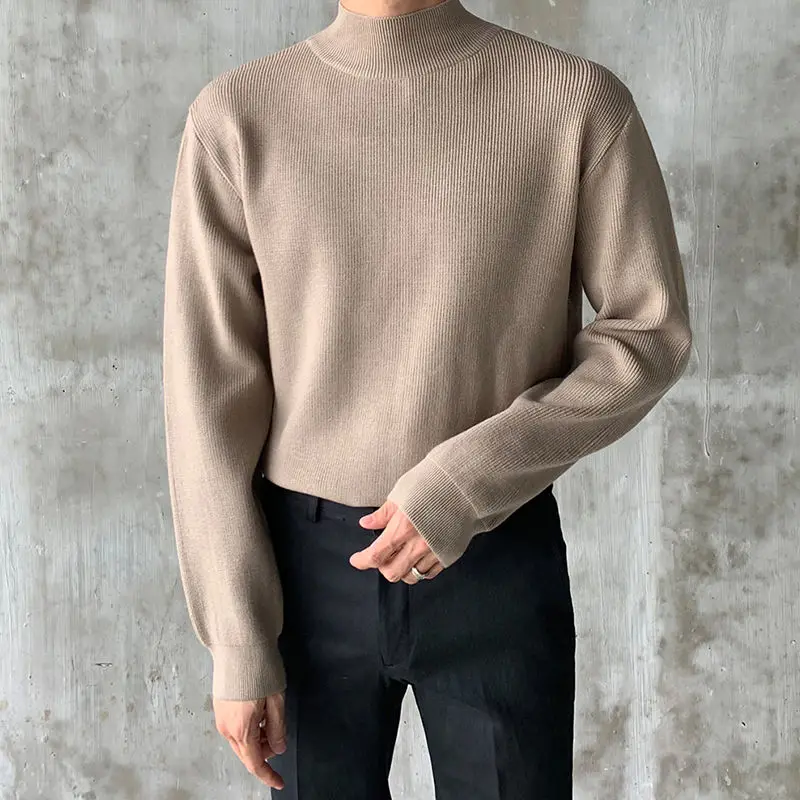 

Korean Fashion Men Clothing New Spring Autumn Sweaters Solid Mock Neck Trend Versatile Casual Long Sleeve Pullovers Knitted Tops