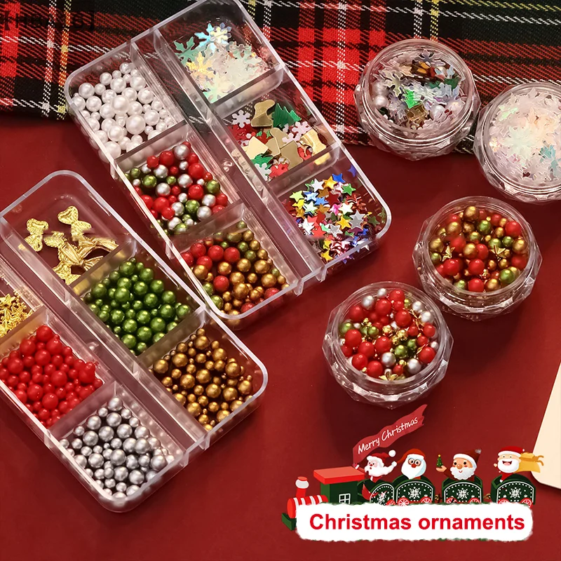 〔HBA16〕Christmas Red/Green Pearl Nail Rhinestone Mixed Size Pearlescent Colorful Beads Nali Charms Christmas Manicure Jewelry