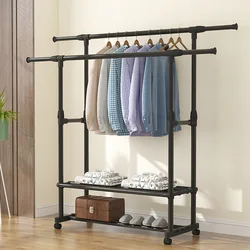 Floor to floor retractable folding movable simple double pole indoor balcony hanging clothes rack