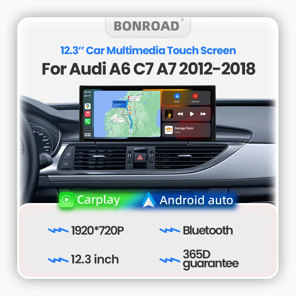 BONROAD 12.3" 1920*720P Autoradio multimédia avec écran tactile, CarPlay sans fil, Android Auto pour Audi A6 C7 A7 2012-2018 avec Airplay Auto Link Bluetooth 5.0, navigation GPS