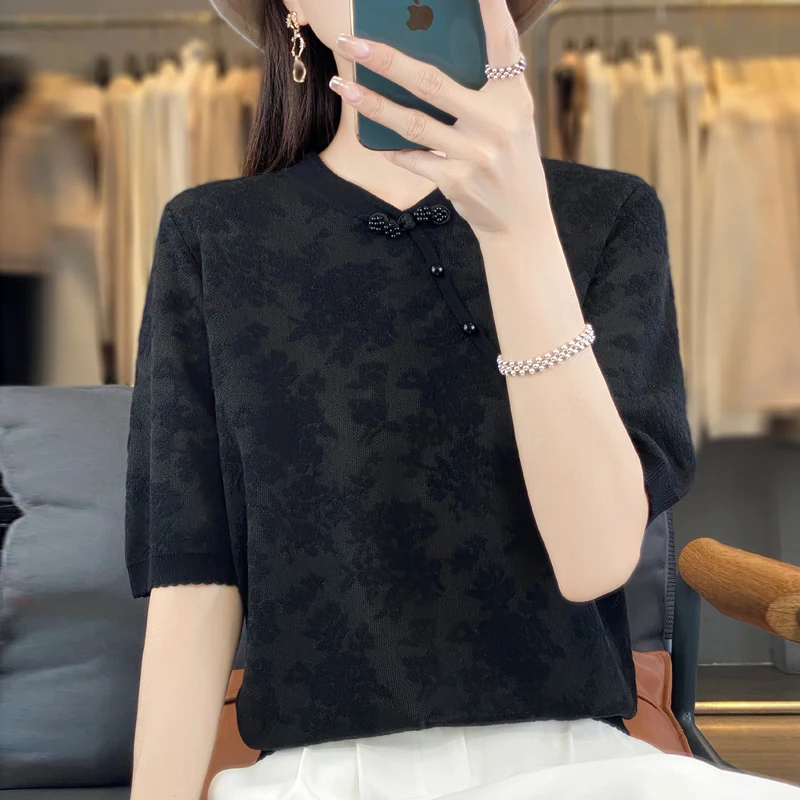 Estate nuovo colletto Cheongsam maglione con fibbia retrò inclinato camicia a maniche corte sottile in stile cinese fuori usura