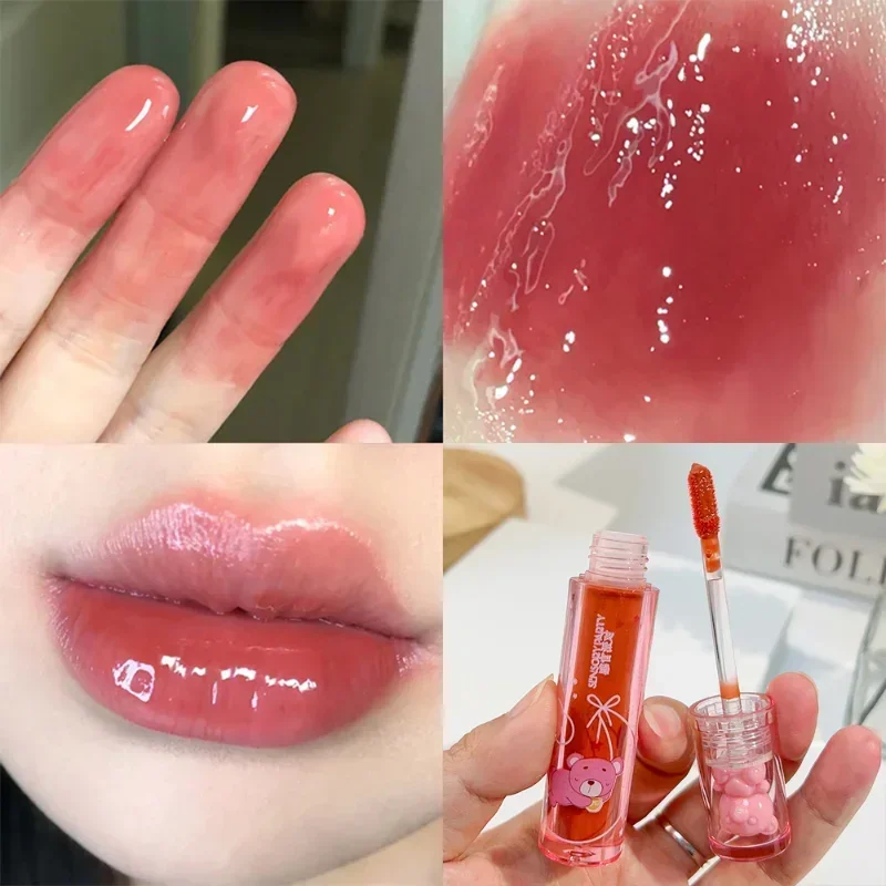 Bonito urso rosa água luz brilho labial duradouro cristal brilhante lábio esmalte espelho nu batom líquido feminino lábios maquiagem cosméticos