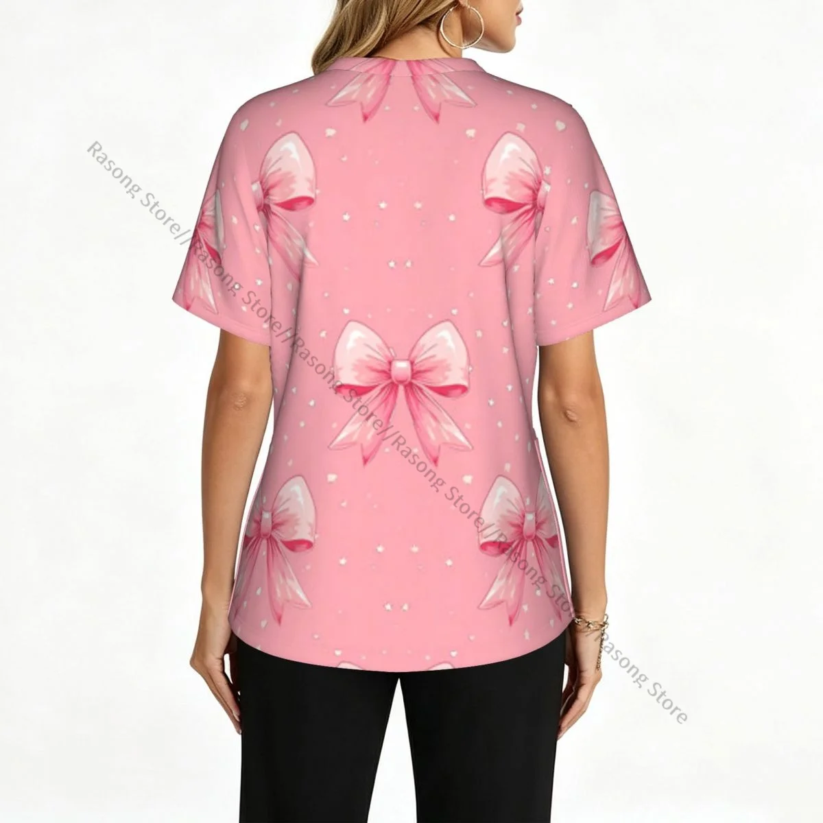 Women's Medical Scrub Top V Neck Short Sleeve Girly Pink Bow Stretch Nursing Uniform for Hospital Clinic