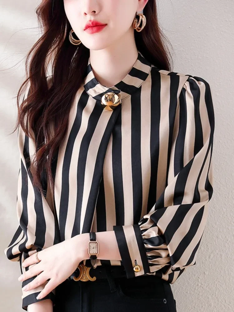 Elegant Commuting Vertical Striped Shirt Female Office Clothes Autumn Vertical Collar Metal Buckle Long Sleeve Loose Top Women