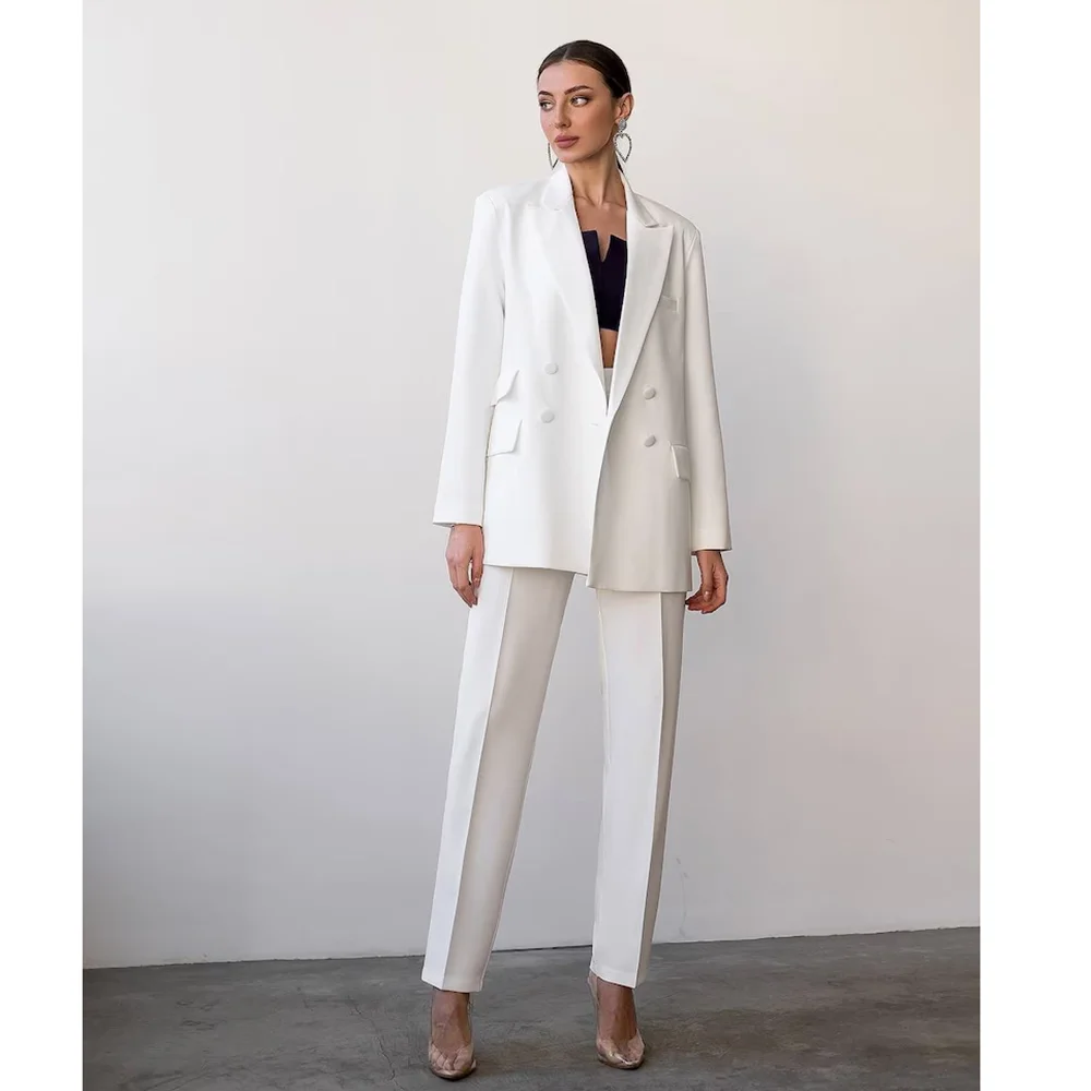 White Peak Lapel Double Breasted Women Suits Two Piece Elegant Basic Solid Female Suit Casual Office Pants Sets (Blazer+Pants)