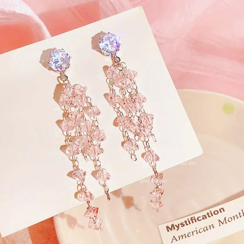 Sweet Romantic Pink Crystal Long Tassel Dangle Earrings For Women Fashion Ears Jewelry Girls Gifts Party Casual Office Accessory
