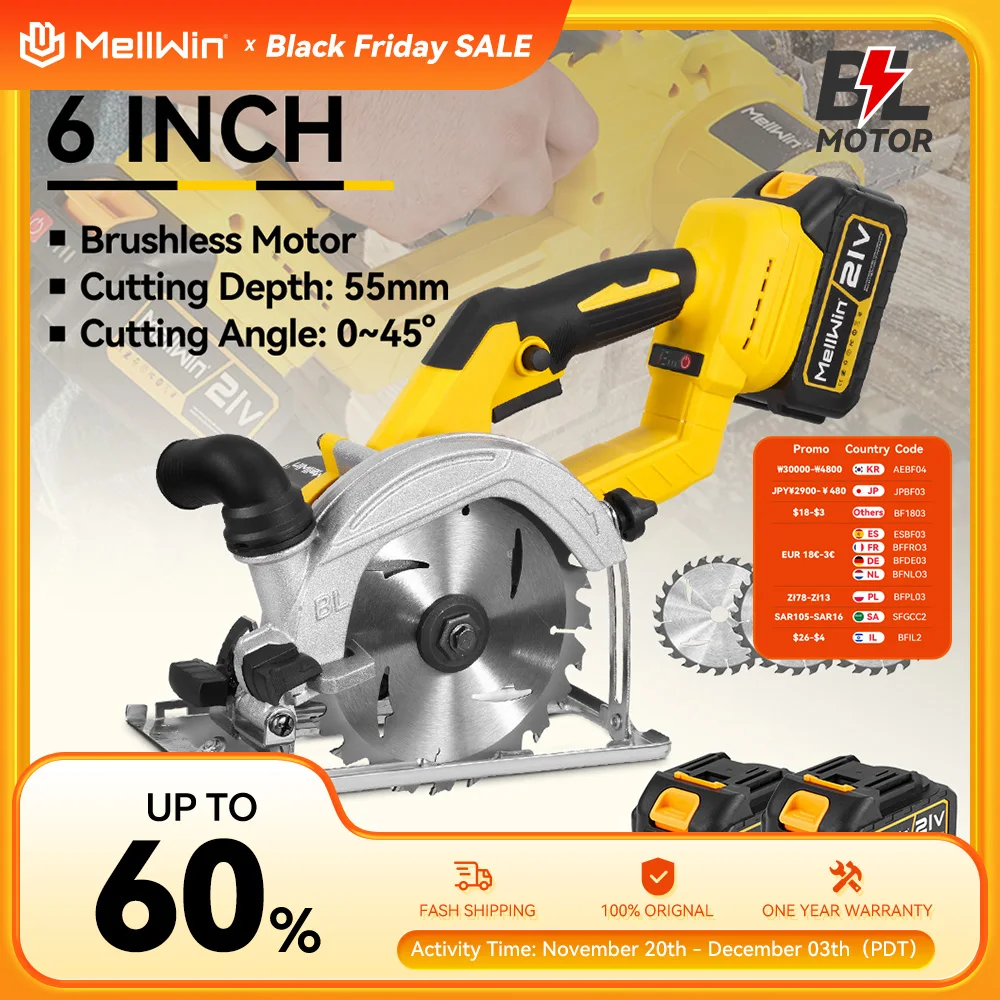 MELLWIN Бесщеточная 6-дюймовая электрическая циркулярная пила 150 мм Беспроводная ручная циркулярная пила Деревообрабатывающий инструмент для Makita 18 В Батарейный штифт MELLWIN Бесщеточная 6-дюймовая электрическая циркулярная пила 150 мм Беспроводная ручная циркулярная пила Деревообрабатывающий инструмент для Makita 18 В Батарейный штифт