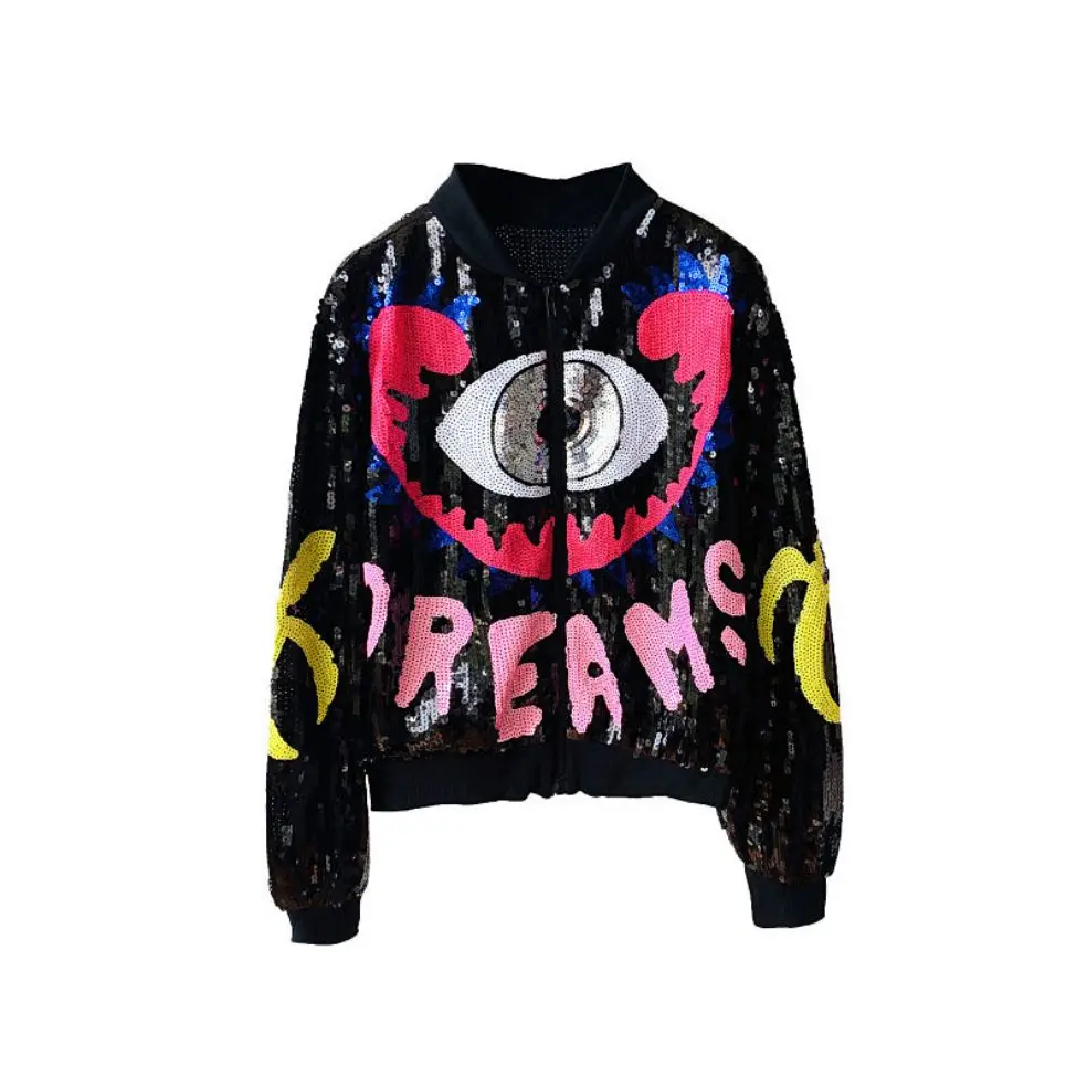 CHIC Ins Streetwear Punk Cartoon Eye Bling Sequined Women Jacket Hip Hop Girl Colorful Baseball Bomber Zipper Top Show Outerwear