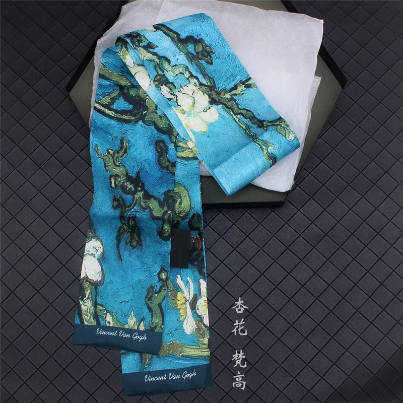 Van Gogh Oil Painting Twill Silk Scarf Women Neckerchief Skinny Scarf Bag Ribbons Female Neck Tie Head Scarves Wraps For Ladies