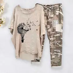 Conjunto de camuflaje de dos piezas para mujer, traje de lino y algodón, informal, estampado, manga corta, Harajuku, verano, 2023