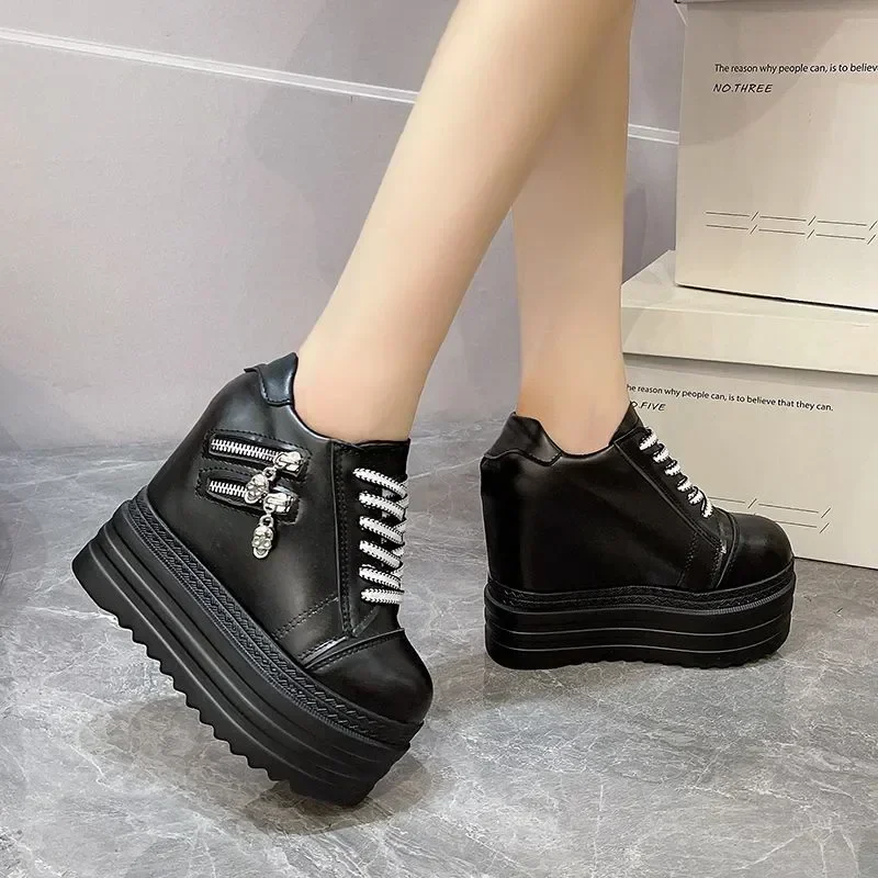 Fall Women Pumps Vintage Round Toe Wedges Female High Heel Shoes Sexy Nightclub Platformance Increased InternaI 10CM Shoes Black