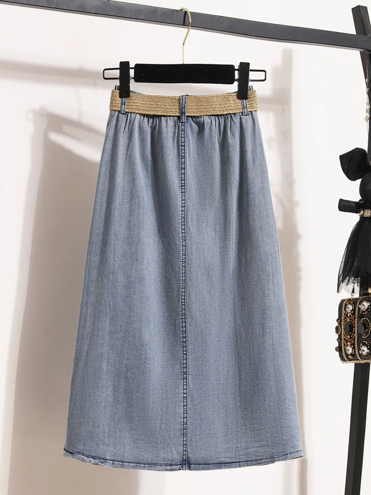 Retro Hong Kong Style Mid-Length A-Line Straight Denim Skirt Cover Hip Pear Shape plus Size Women's Spring New Arrival