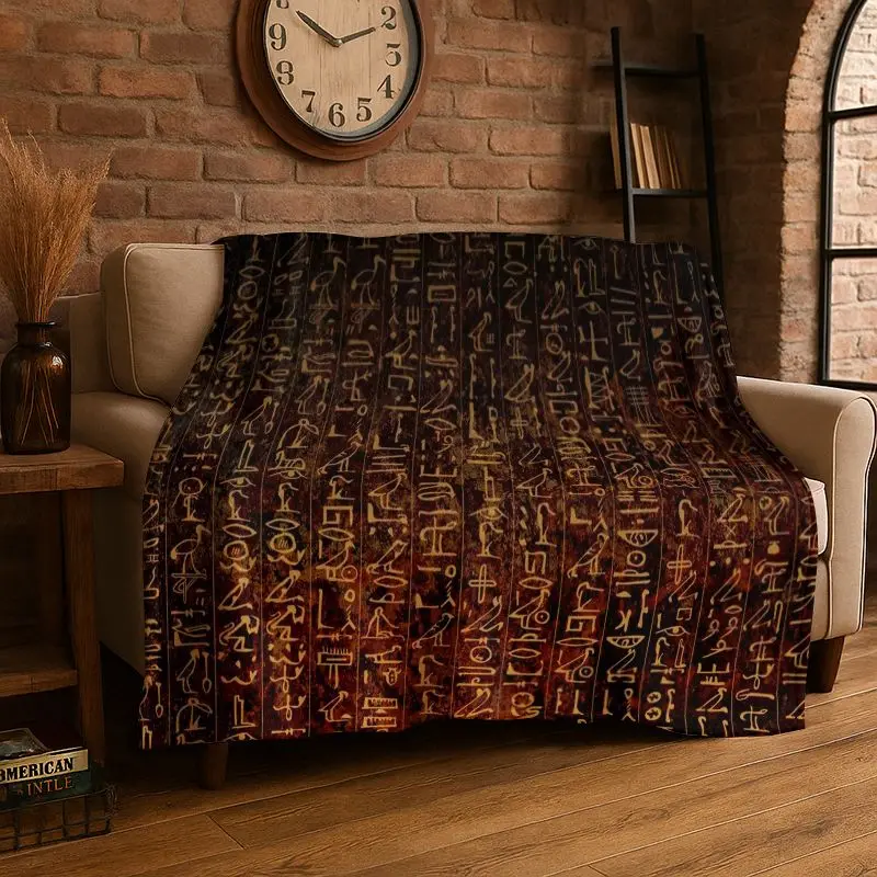 Retro Egyptian Mural Hieroglyphics Symbol Flannel Blanket Soft Warm Throw Blanket for Bedroom Living Room Bed Travel Picnic Gift