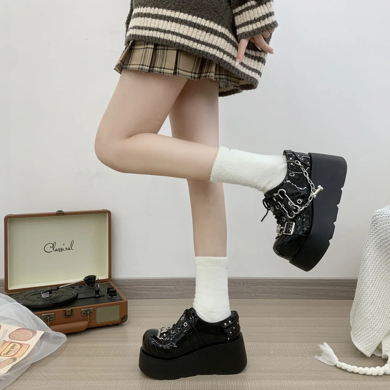 2024 New Rock Spice Girl Increase Punk Dark Lace-up Goth Style Muffin Platform Comfort Small Leather Shoes Woman