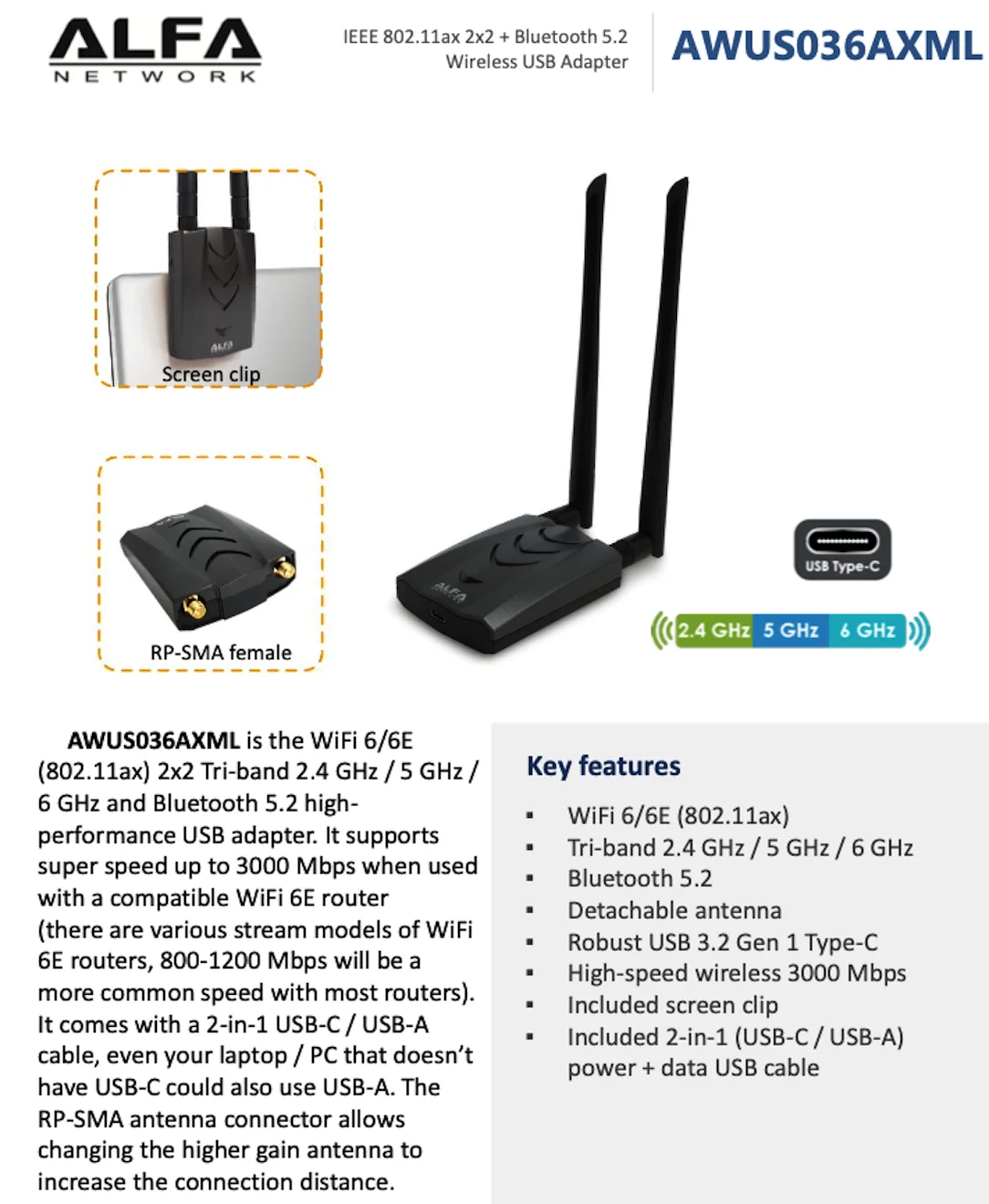 Made in Taiwan ALFA AWUS036AXML MT7921AUN WIFI 6E tri-band wireless network card