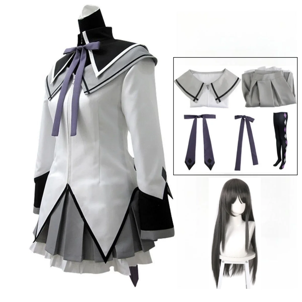 Anime Akemi Homura Cosplay Puella Magi Madoka Magica Cosplay Boog Pruik Halloween Party Uniform Combat Jurk Jk Jurk