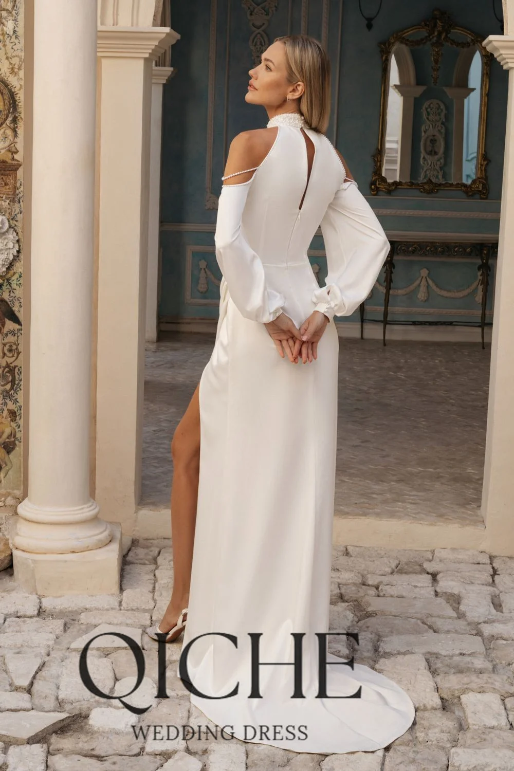 QICHE Modern Long Sleeves Mermaid Wedding Dresses Women High Collar High Slit Pleat Bridal Gown Vestidos De Noiva Customized