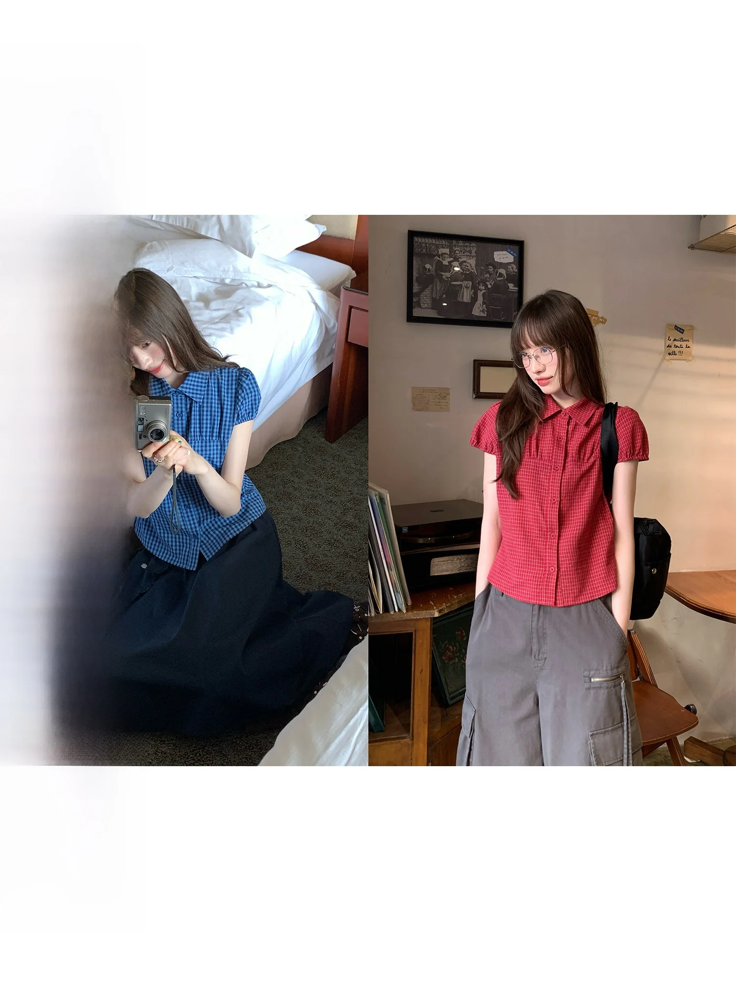 

RAINY Retro Plaid Waist-Cinching Bubble Sve irt Summer Women's Slim Fit Cheered irt Sweet ort Sve Top