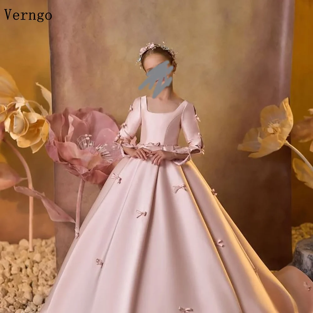 Verngo Pink Flower Girl Dresses Bow Puff Half Sleeve Wedding Birthday Party Banquet Princess Gowns Birthday Dress