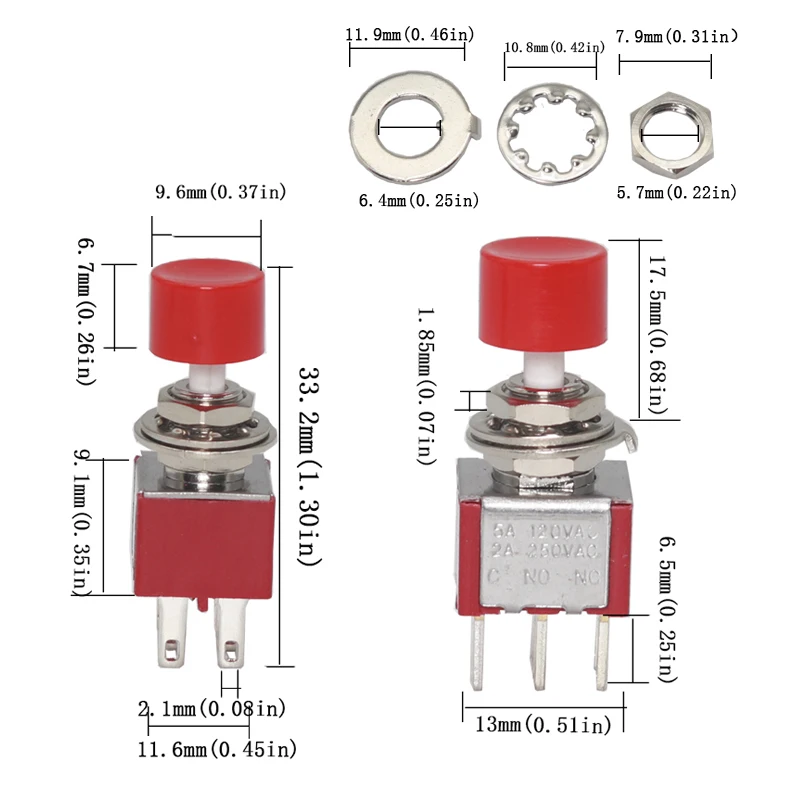 【10-2PCS】6 Pin C-NO-NC 6mm Mini Momentary Automatic return Push Button Switch 2A 250VAC/5A 120VAC Toggle Switches