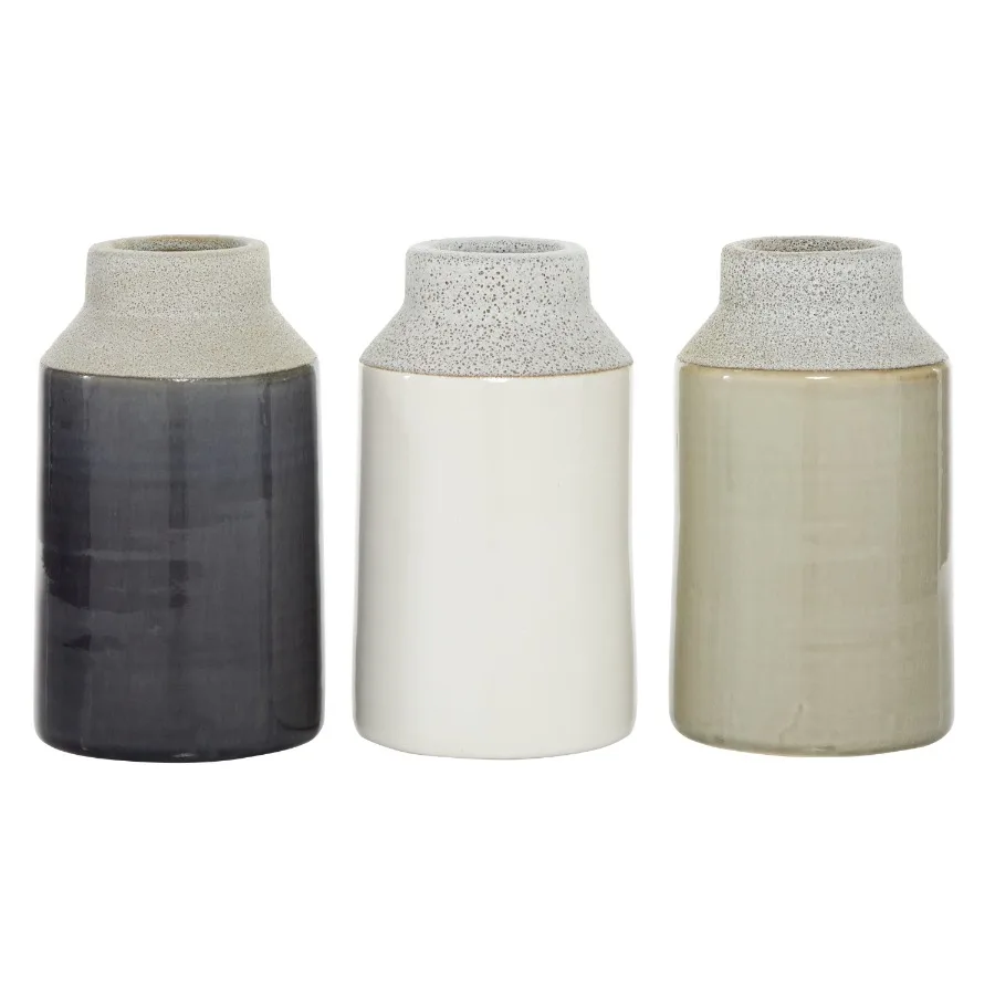 

Ceramic Earthy Coastal Minimalist Neutral Vase Set of 3 5"W 8"H Matte and Textured Glaze Finish in White Beige and Charcoal Gra