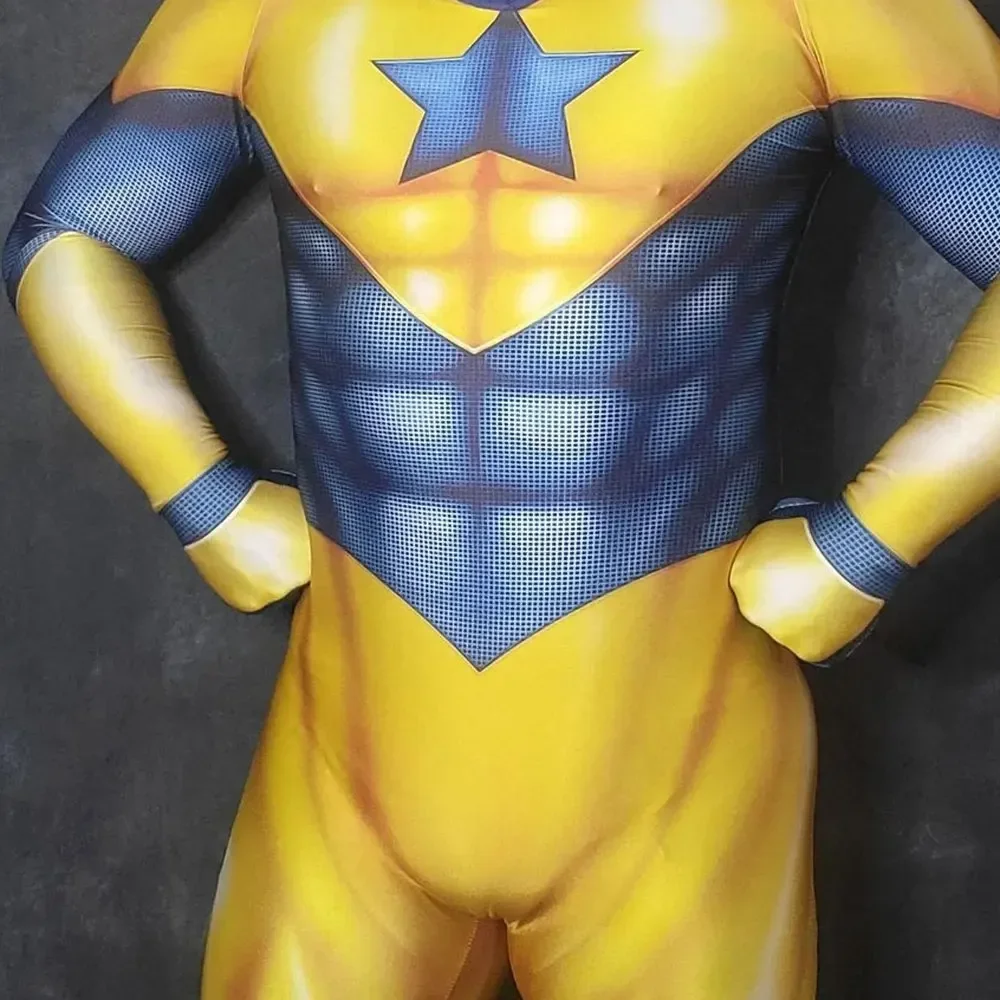 Halloween Volwassen Mannen Kids Booster Gold Cosplay Kostuum Superheld Bodysuit Zentai Party Jumpsuit