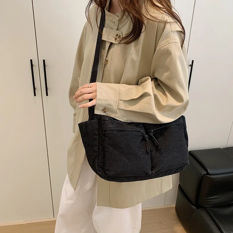 حقائب كروس مريحة ومتعددة الاستخدامات، حقائب كتف عصرية بسيطة ذات سعة كبيرة، متعددة الجيوب، حقيبة مدرب من قماش الدنيم المغسول #3