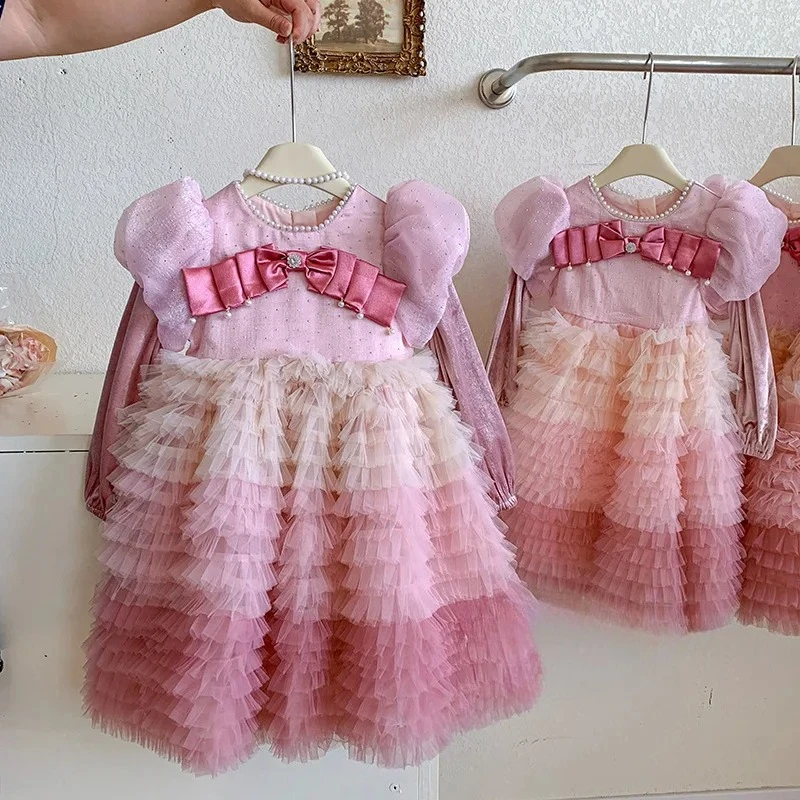 High-End Dress Princess Gown Girls' Spring and Autumn New High-End Stylish Pink Gradient Cake