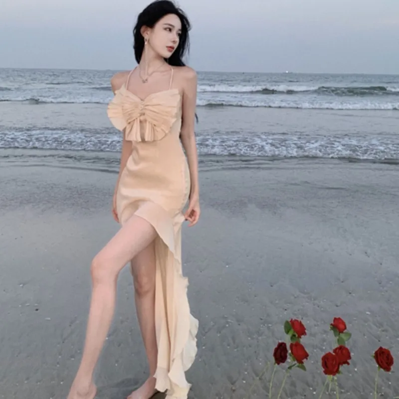 

Sexy Holiday Chiffon Knotted Pleated Beach Vacation Dress Backless Tie-back Split Halter Slim Summer Elegant Maxi Beach Dresses