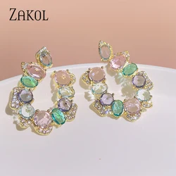 ZAKOL Luxury Mutilcolor U Shape Zircon Stud Earrings for Women Shinny Crystal Earring Fashion Gold Color Party Daily Jewelry