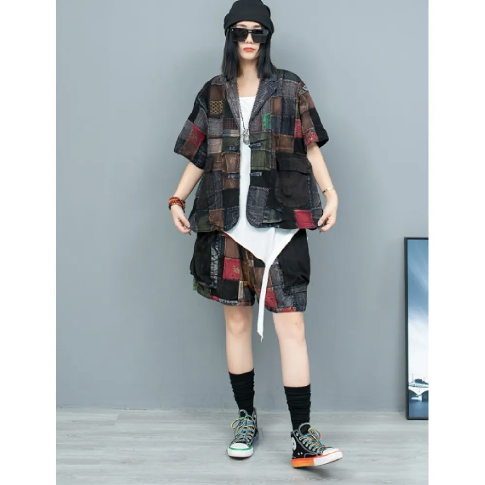 Vintage Patchwork Short Sleeved Suit Collar Jacket + Large Pocket Shorts Two-piece Set Women 2024 Early Autumn LX1796