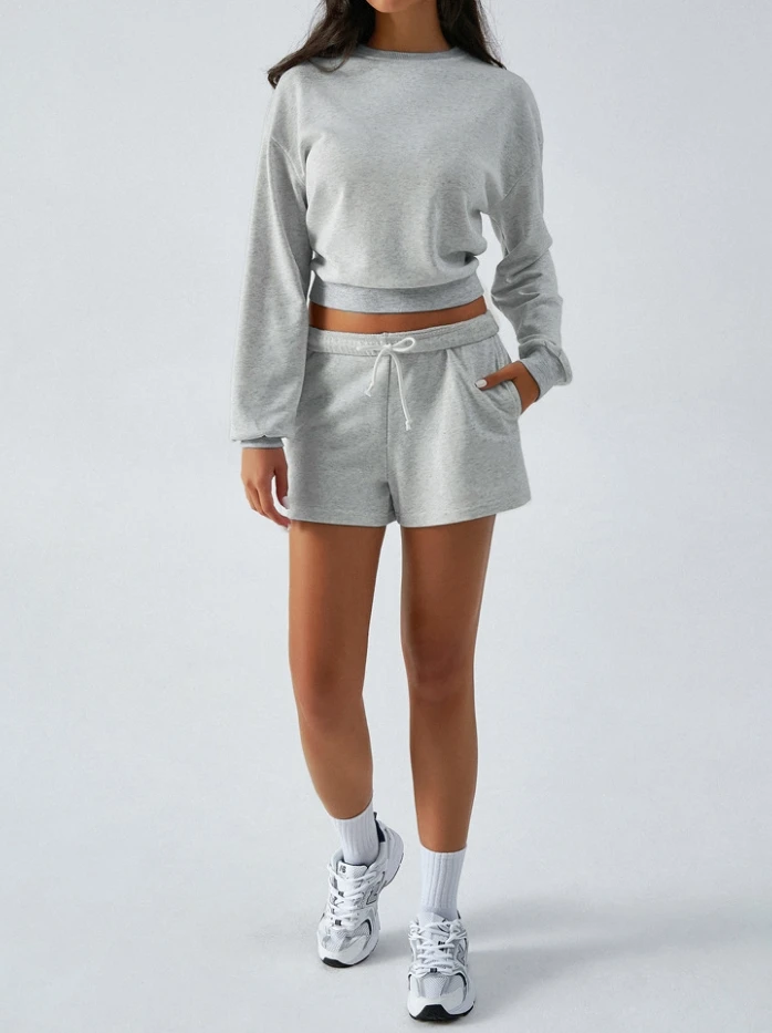 Women's Two Piece Set Solid Color Casual Tracksuits Pullover Round Neck Long Sleeved Sweatshirt and Drawstring Shorts Set